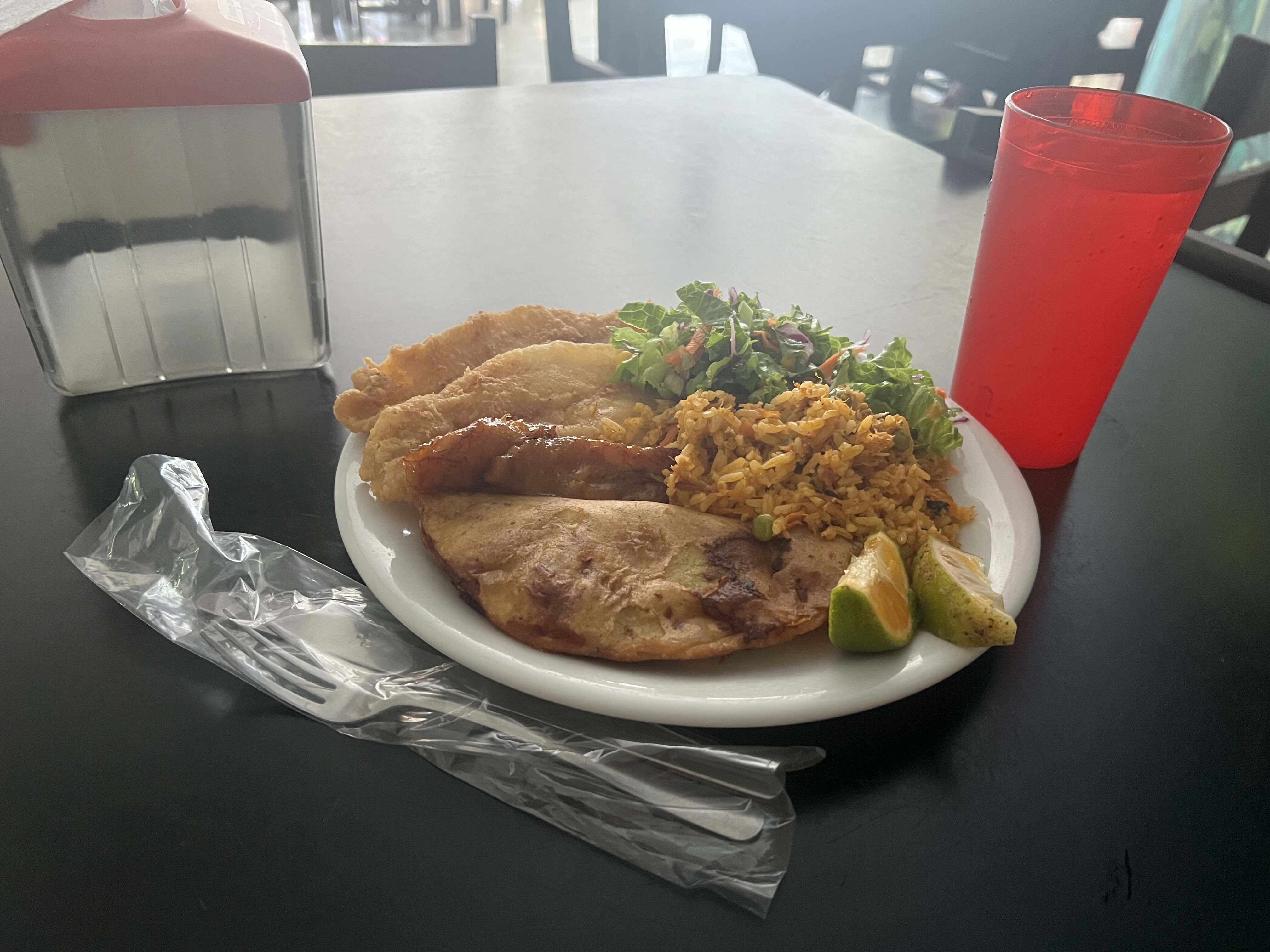 A plate of food in a simple soda restaurant