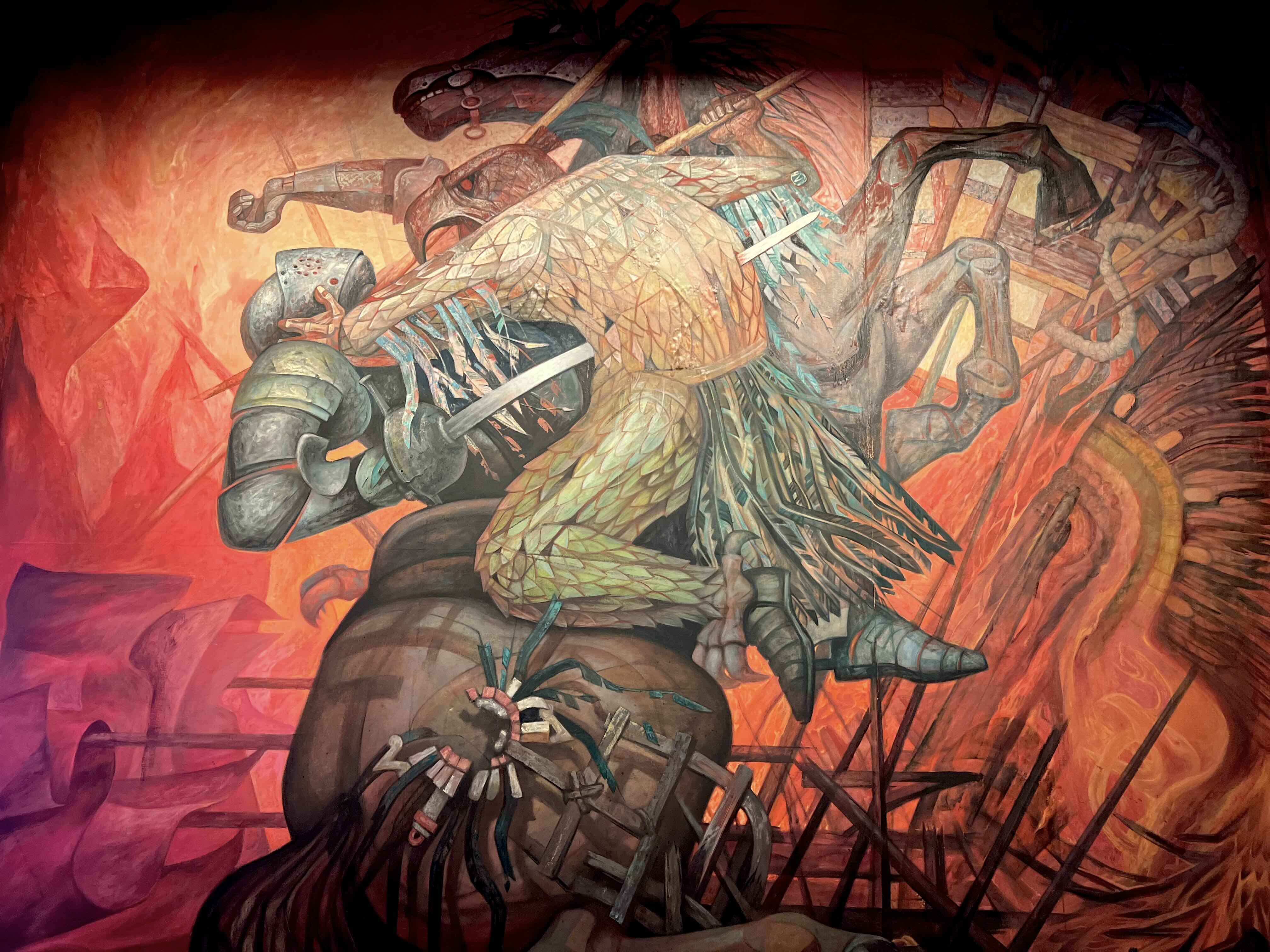 A vibrant mural depicting an intense battle between an armored Spanish conquistador and an indigenous warrior dressed in feathered armor, symbolizing the clash of cultures during the Spanish conquest of Mexico.