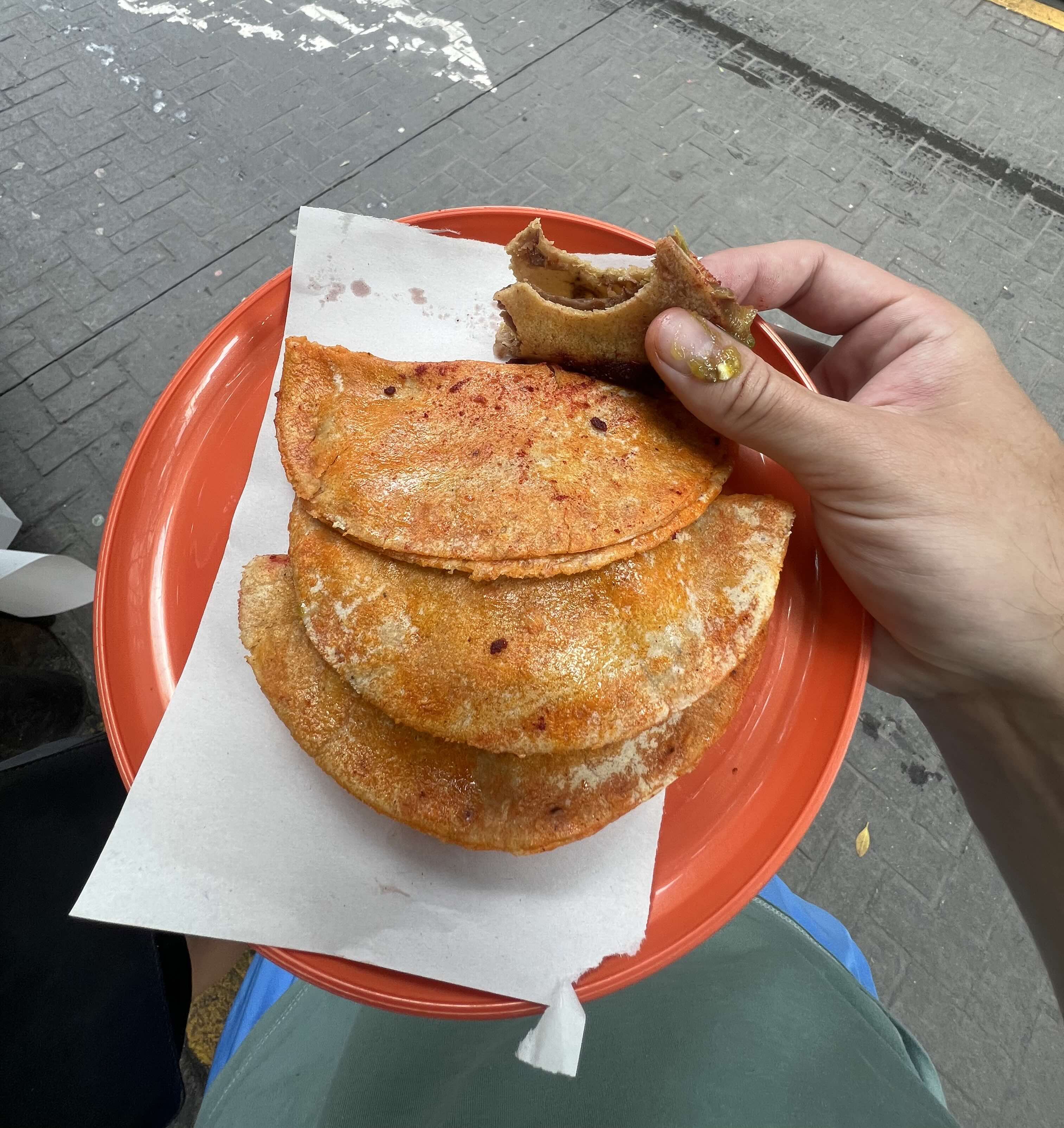 A close-up of three tacos de canasta (basket tacos) on an orange plate with a partially eaten taco held above the plate