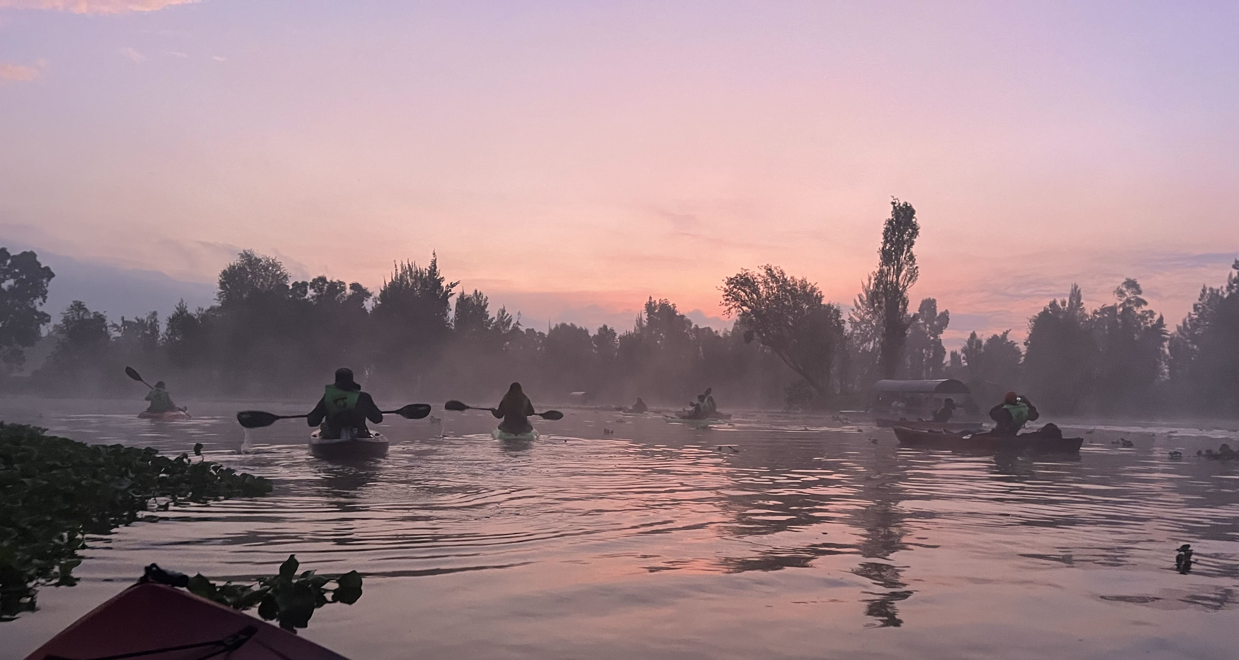 A calm sunrise scene in Xochimilco, with people kayaking through calm waters surrounded by mist and silhouetted trees in the background.