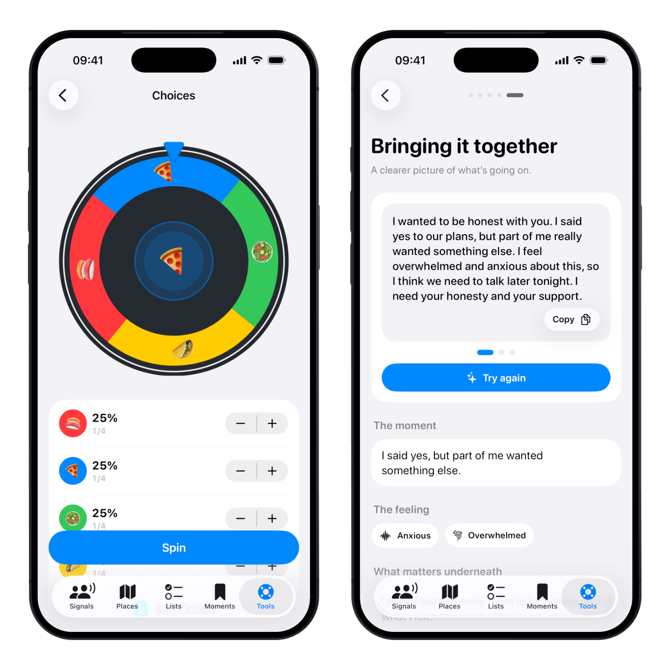 Mudu Tools screen showing Choices with a spinning decision wheel and Clarity with a generated conversation starter.