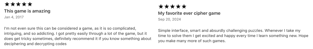 Two five-star user reviews for Decrypto. One from 2017 describes the game as complicated, addictive, and great for fans of codebreaking. The other from 2024 praises its smart and challenging puzzles and hopes for more games like it.